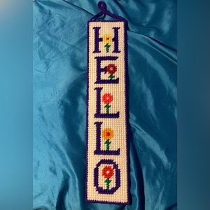 Vintage Hand Embroidered Plastic Canvas "HELLO" with Flowers Wall Hanging